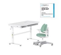Conjunto de escritorio infantil HOKO, con altura ajustable, incluye silla infantil, reposapiés desmontable, superficie de trabajo de 120x60 cm, mesa inclinable, color blanco y verde, modelos ELIN y AN