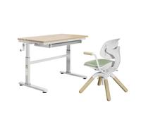 Conjunto de escritorio infantil HOKO, con altura ajustable, superficie de 100x60 cm sin reflejos, y una placa inclinable de 100x40 cm. Incluye: silla infantil, diseño de madera/verde, marca LUKA & LEV