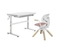 Conjunto de escritorio infantil HOKO de 100x60 cm con superficie inclinable y silla giratoria de 360°, color blanco/rosa, modelo JANA & LAURA