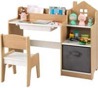Conjunto de escritorio y silla para niños de COSTWAY, mesa de estudio con estanterías abiertas, cajón y contenedor de tela. Set de mesa para manualidades, conjunto de muebles para niños
