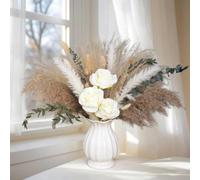 Conjunto de flores secas Ibenzoa® con 95 plumas de pampa, 5 rosas artificiales, eucalipto y lavanda, en una jarra de cerámica blanca de 18 cm, con una altura total de 40 cm, color beige
