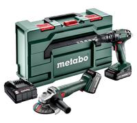 Conjunto de herramientas inalámbricas Metabo 2.4.4 de 18 V, que incluye: taladro/atornillador SB 18, amoladora angular W 18 L 9-125 y caja de herramientas metaBOX 165 L