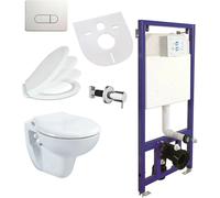 Conjunto de inodoro de pared con cisterna oculta, plato de descarga, botón de accionamiento y tapa con sistema de cierre suave