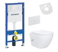 Conjunto de inodoro de pared sin borde, con bidé con función de taharet, tapa con sistema de cierre suave y placa de accionamiento, compatible con el sistema de instalación oculto Geberit UP100