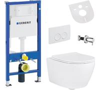 Conjunto de inodoro de pared suspendido Belvit, sin borde de descarga, con función de taharet, tapa con sistema de cierre suave y elemento de instalación oculto Geberit UP100, en cerámica. Inodoro de
