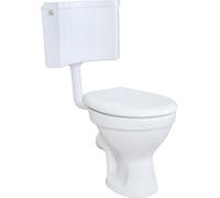 Conjunto de inodoro de pie Belvit, color blanco, con salida horizontal, tapa de inodoro con sistema de cierre suave y caja de descarga de esquina para montaje en pared