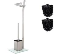 Conjunto de inodoro de pie de acero inoxidable, acabado cromado mate – Incluye: escobilla de inodoro (con 3 cabezales de repuesto), soporte para papel higiénico, base de vidrio con pies de goma, monta