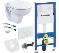 Conjunto de inodoro de suelo Belvit, blanco, sin borde de descarga, con bidé de higiene personal, tapa de inodoro con cierre suave, y sistema de instalación empotrado Geberit UP100 con salida horizont