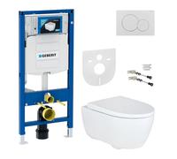 Conjunto de inodoro Geberit iCon, sin borde de descarga, con elemento de instalación oculto UP320, tapa de cierre suave de Duroplast, placa de accionamiento, inodoro sin borde de descarga, con aislami