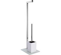 Conjunto de inodoro independiente Unyqoos® – Porta papel higiénico con escobilla, acero inoxidable y vidrio, blanco, tapa interior removible, 70,5 x 18 x 22 cm