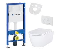 Conjunto de inodoro suspendido Belvit, sin borde de descarga, con tapa de cierre suave y sistema de instalación mural Geberit UP100, fabricado en cerámica