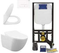 Conjunto de inodoro suspendido Creavit, blanco, sin borde de descarga (Rim-Off), 48,5 cm, con tapa Softclose, para instalación empotrada, incluye cisterna de 3/6 litros. Conjunto completo