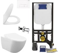 Conjunto de inodoro suspendido Creavit, sin borde de descarga, color blanco, con lavabo de acero inoxidable, asiento de inodoro con sistema de cierre suave y elemento de instalación empotrado, con cis