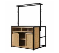 Conjunto de isla de cocina con 2 taburetes - armario de cocina con enchufe integrado y taburetes de bar a juego - madera / negro