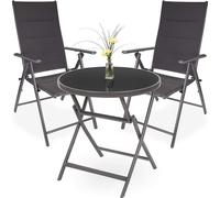 Conjunto de jardín BRUBAKER Riva: 1 mesa de cristal redonda plegable de 70 cm de diámetro, con 2 sillas de respaldo alto. Resistente a la intemperie. Color: gris plateado