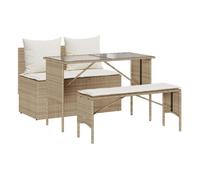 vidaXL Conjunto de jardín Cadier, sofá doble, mesa y banco de ratán sintético con cojines Beige