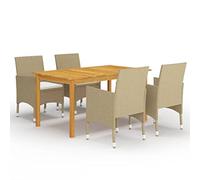 Conjunto de jardín genérico de 5 piezas, mesa acacia, sillas, color beige | Marco de acero en polvo, resina trenzada, cojines extraíbles, respaldo curvado, 110 kg por asiento