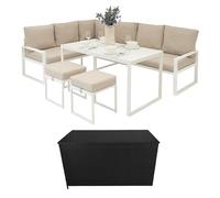 Conjunto de jardín: Sofá esquinero de Aluminio Blanco + Mesa de vidrio templado + Taburetes & Caja de Almacenamiento de ratán negro 582L, cojines lavables, funda impermeable | Muebles exterior