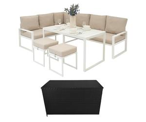 Conjunto de jardín: Sofá esquinero de Aluminio Blanco + Mesa de vidrio templado + Taburetes & Caja de Almacenamiento de ratán negro 582L, cojines lavables, funda impermeable | Muebles exterior