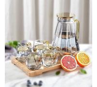 Conjunto de jarra de vidrio Unyqoos® con diseño Black Diamond: jarra de vidrio de borosilicato con asa, 4 tazas y bandeja de bambú, tapa dorada, asa amarilla, resistente de -40°C a 150°C, libre de BPA