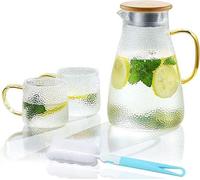 Conjunto de jarra de vidrio Unyqoos® de 2 litros: jarra de borosilicato resistente al calor con tapa de acero inoxidable y bambú, 2 vasos y cepillo de limpieza, libre de BPA, ideal para té helado y zu
