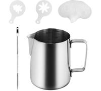 Conjunto de jarra para espumar leche Ibenzoa® de 350 ml: jarra de acero inoxidable con boquilla doble en forma de "V", bolígrafo para latte art y 16 plantillas para café, acabado cepillado, apta para