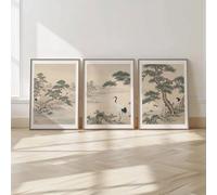 Conjunto de láminas de paisajes japoneses: grullas y pinos - Arte mural Japandi - Pósteres zen asiáticos en lienzo (50x70cm/3 piezas sin marco)