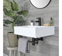 Conjunto de Lavabo Rectangular Suspendido 600mm x 420mm con Barra Porta Toallas Negra - Sandford