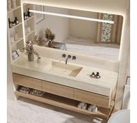 Conjunto de lavabo suspendido - Fabricado en sinterizado - Aspecto travertino, incluye espejo, mueble bajo, estante y desagüe, sin orificio para grifo. Dimensiones: 110 x 55 cm. 【YT9865-110 BKK】