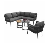 Conjunto de lounge de jardín 5-6 personas - sofá modular exterior 6 piezas con asientos de cuerda y cojines impermeables - gris