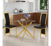 Conjunto de Mesa de 88 cm y 2 Sillas, Cristal y Metal, Negro y Dorado