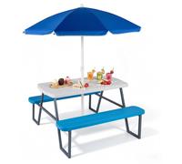 Conjunto de mesa de picnic para niños, ideal para exteriores, con mesa, dos bancos y parasol ajustable en altura, además de una funda para el parasol. Conjunto de mobiliario de jardín para niños, fabr