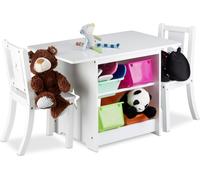 Conjunto de mesa y dos sillas para niños Relaxdays ALBUS, con espacio de almacenamiento, fabricado en madera, ideal para niños y niñas, color blanco