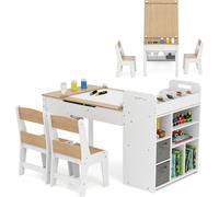 Conjunto de mesa y silla de escritorio de COSTWAY, con dispensador de papel, mesa de manualidades para niños con superficie abatible, estanterías, contenedores de tela y diseño portátil