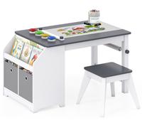 Conjunto de mesa y silla infantil COSTWAY, mesa auxiliar con espacio de almacenamiento, juego de mesa infantil con soporte para rollos de papel, 4 recipientes para pinturas y 2 cestos de tela, mesa de