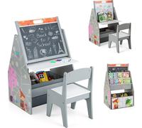 Conjunto de mesa y silla para niños de COSTWAY, con caballete infantil de doble cara, que incluye una pizarra magnética y una pizarra blanca, color gris