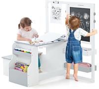 Conjunto de mesa y sillas para niños 3 en 1, con mesa y silla de altura ajustable, espacio de almacenamiento, dispensador de papel, compartimentos y estantería. Set de mesa para pintar tipo caballete,