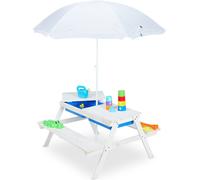Conjunto de mesa y sillas para niños de Relaxdays, ideal para exteriores, con banco de picnic, sombrilla, mesa de juegos de madera para arena y agua, color blanco