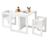 Conjunto de mesa y sillas para niños Relaxdays, juego de 3 piezas, mesa infantil con 2 sillas, taburetes reversibles, banco, conjunto de mobiliario Montessori, color blanco