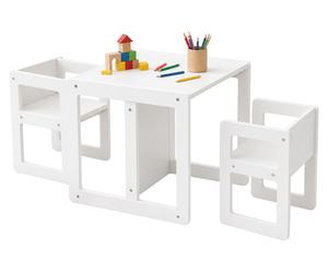 Conjunto de mesa y sillas para niños Relaxdays, juego de 3 piezas, mesa infantil con 2 sillas, taburetes reversibles, banco, conjunto de mobiliario Montessori, color blanco