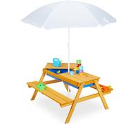 Conjunto de mobiliario infantil para exteriores de Relaxdays, banco de picnic para jardín con sombrilla, mesa de juegos de madera para niños con áreas para arena y agua, color natural