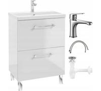 Conjunto de mueble de baño con lavabo, grifo y sifón, 50x80 cm, de pie, color blanco brillante, modelo Cassandra