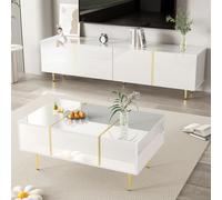 Conjunto de mueble para televisión y mesa de centro, color blanco brillante. Ideal para salones y dormitorios