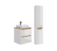 Conjunto de muebles con lavabo individual 60cm 2 cajones y columna livia blanco y madera