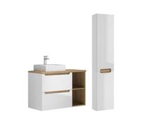 Conjunto de muebles con lavabo individual 90cm 2 compartimientos y columna livia blanco y madera