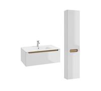 Conjunto de muebles con lavabo individual encastrado 80cm 1 cajón y columna livia blanco y madera