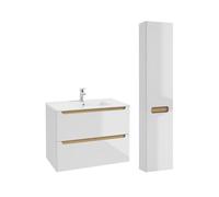 Conjunto de muebles con lavabo individual encastrado 80cm 2 cajones y columna livia blanco y madera