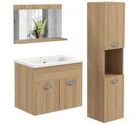 Kleankin Conjunto muebles baño pared 3 piezas, espejo y lavabo cerámico, columna 131.5 cm Natural