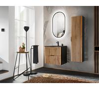 Conjunto de muebles de baño individual: lavabo empotrado de 60 cm, mueble auxiliar y espejo LED Gaia. Material: madera y . Lavabo: