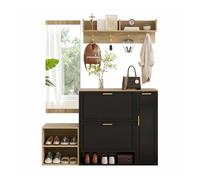 Conjunto de muebles de entrada 4 piezas 139,5x35x166 cm - zapatero, banco con asiento, perchero de pared y espejo - color natural y negro